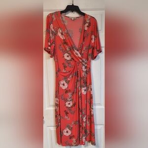 Chaus Floral Coral Casual Midi Dress Large